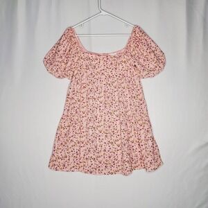Dee Elly Baby Doll Mini Dress Medium Pink Floral Short Puff Sleeve Square Neck